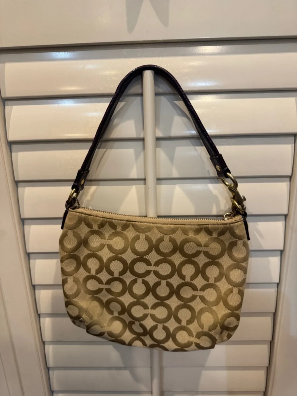 Coach Poppy Beige Signature‎ Canvas Mini Shoulder Bag with Purple Accents